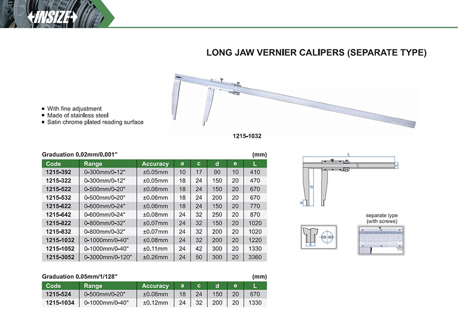 INSIZE 1215-522 Long Jaw Vernier Caliper (Separate Type) 0-500mm/0-20" - photo 2