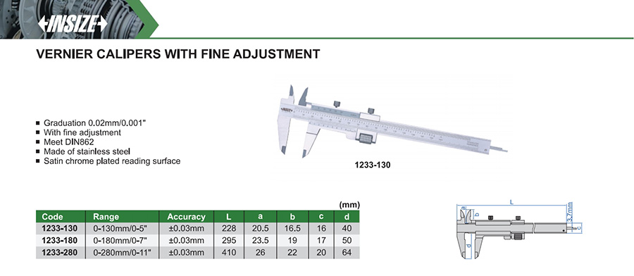 INSIZE 1233-280 Vernier Calipers With Fine Adjustment 0-280mm/0-11" - photo 2