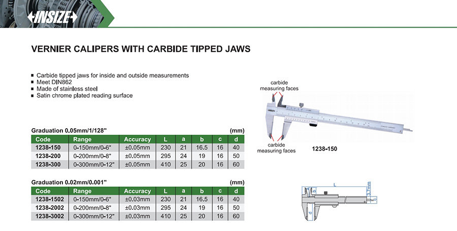 INSIZE 1238-3002 Vernier Calipers With Carbide Tipped Jaws 0-300mm/0-12" - photo 2
