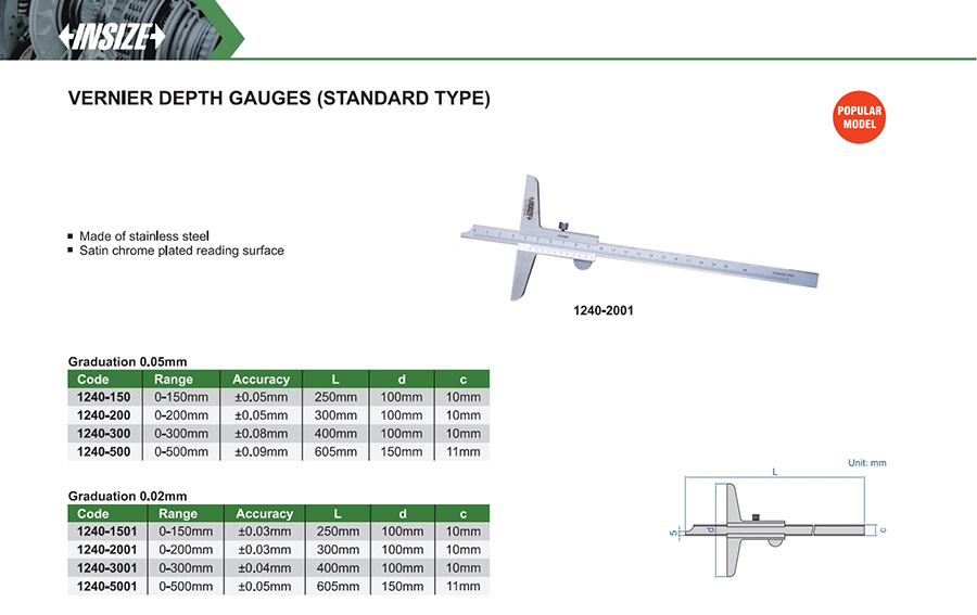 INSIZE 1240-5001 Vernier Depth Gauges (Standard Type) 0-500mm - photo 2