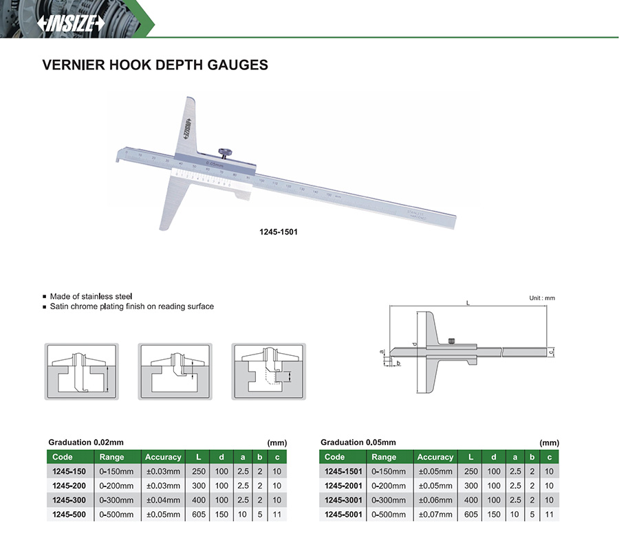 INSIZE 1245-150 Vernier Hook Depth Gauge 0-150 mm - photo 2
