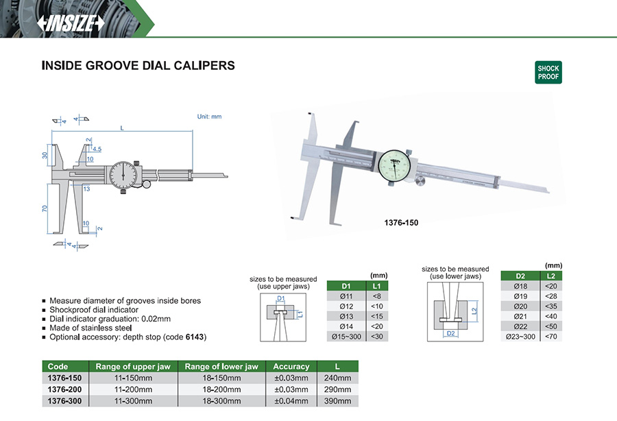 INSIZE 1376-300 Inside Groove Dial Caliper 11-300mm - photo 2