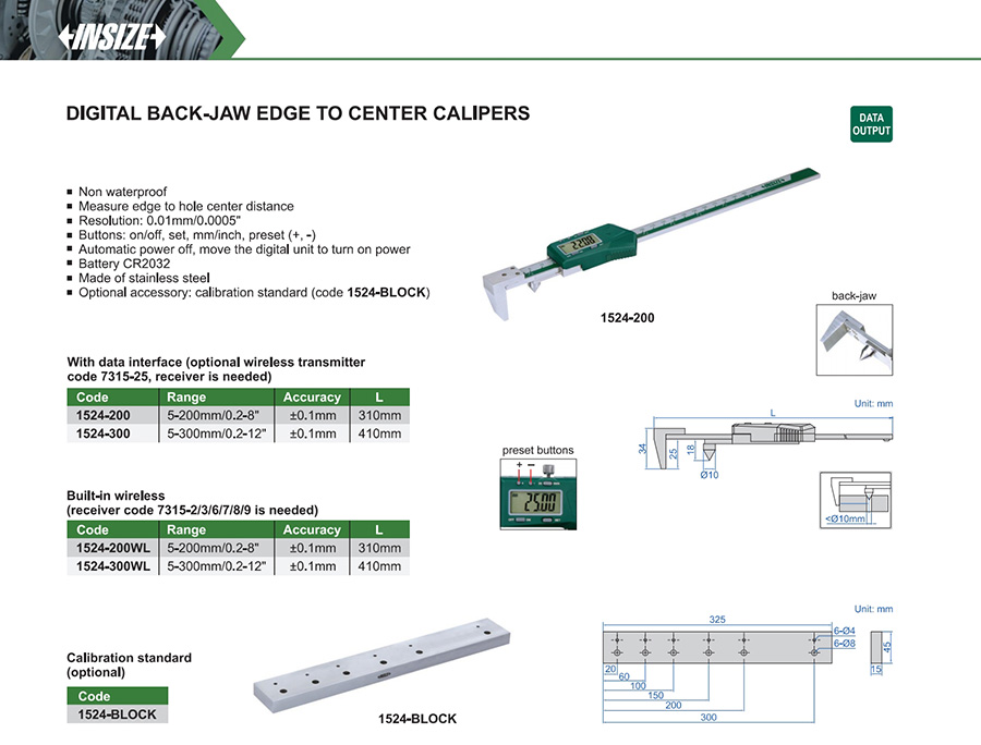 INSIZE 1524-200 Digital Back-Jaw Edge-to-Center Caliper 5-200mm/0.2-8" - photo 2