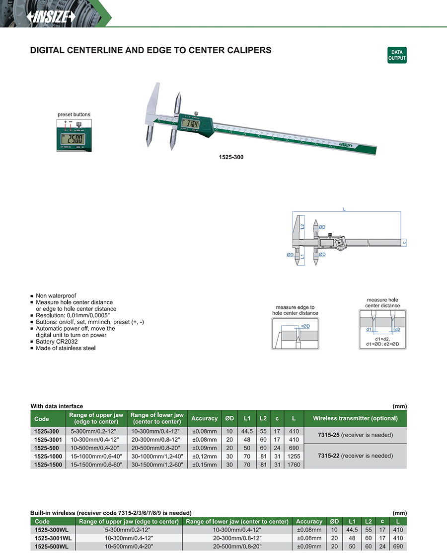 INSIZE 1525-500 Digital Centerline and Edge-to-Center Caliper 10-500mm/0.4-20" - photo 2