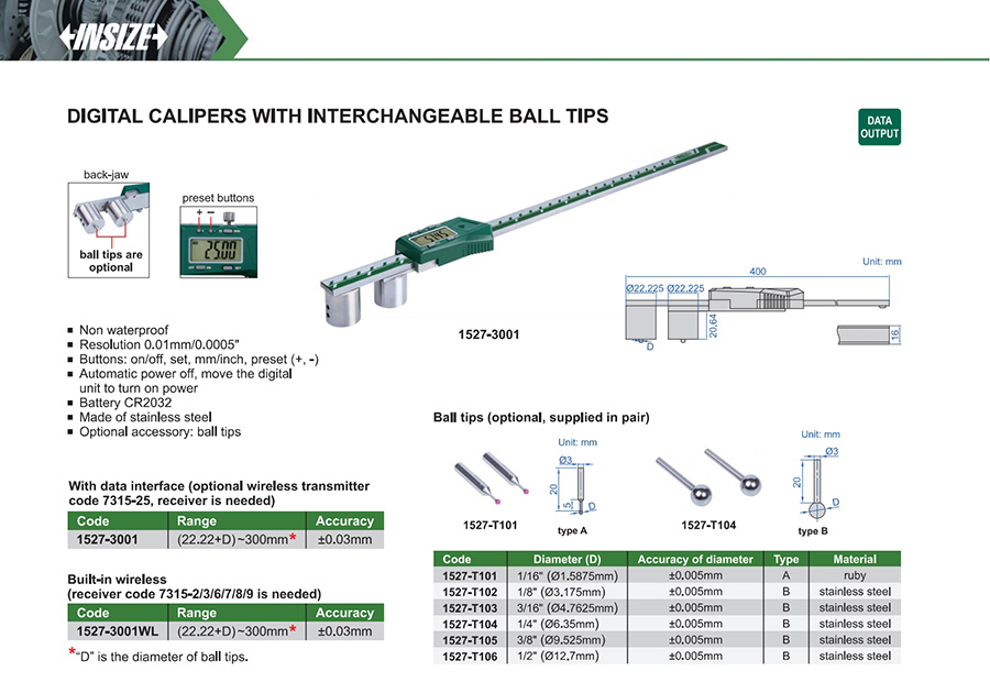 INSIZE 1527-3001 Digital Caliper With Interchangeable Ball Tips (22.22+D)~300mm - photo 2