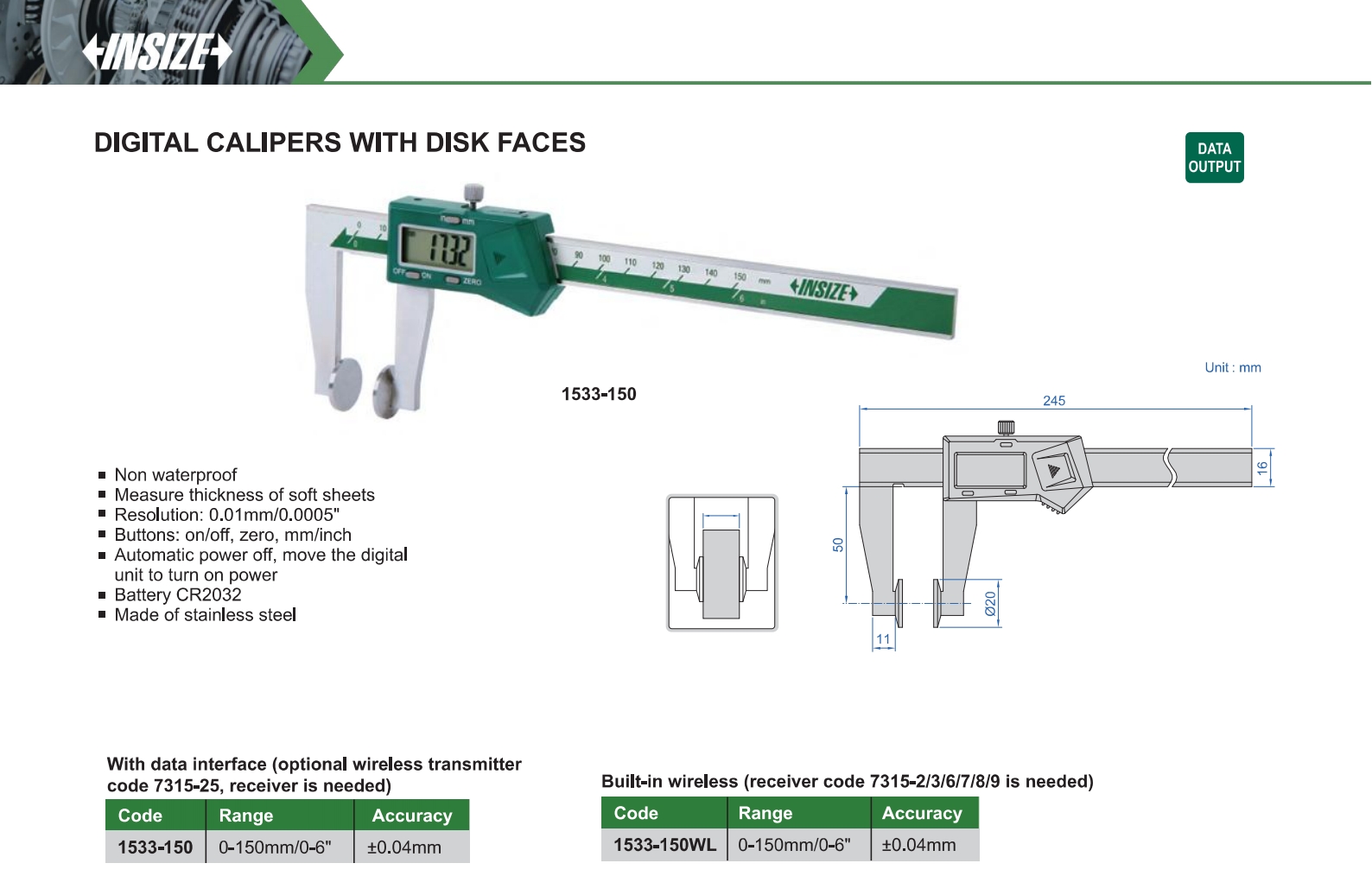 INSIZE 1533-150 Digital Caliper With Disk Faces 0-150 mm - photo 2