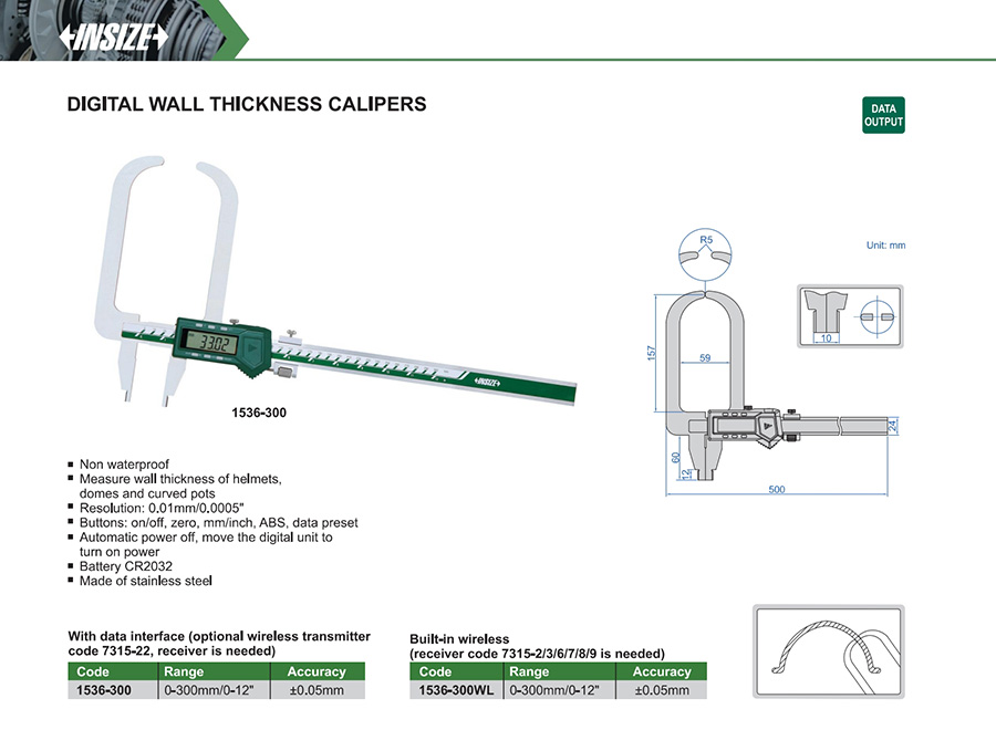 INSIZE 1536-300 Digital Wall Thickness Caliper 0-300 mm - photo 2
