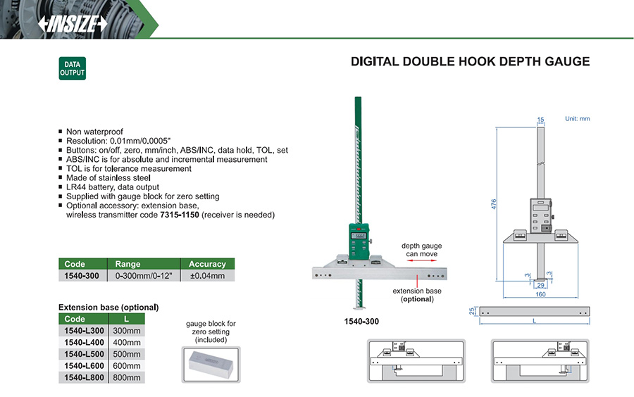 INSIZE 1540-300 Digital Double Hook Depth Gauge 0-300 mm - photo 2