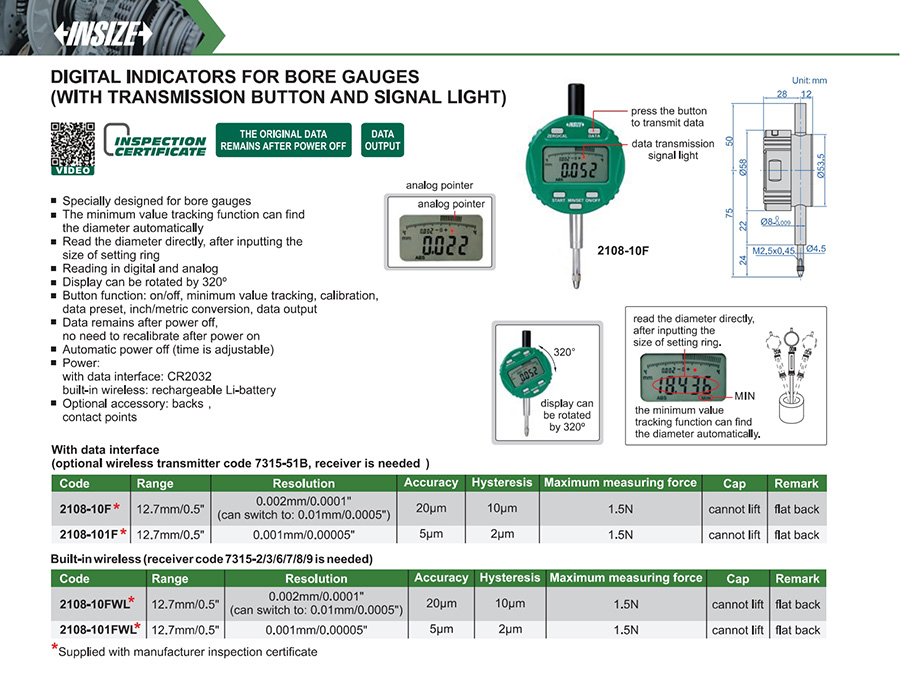 INSIZE 2108-101F Digital Indicator For Bore Gauges With Transmission Button, 12.7mm/0.5" - photo 2