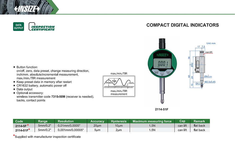 INSIZE 2114-5F Compact Digital Indicator, 5mm/0.2" - photo 2