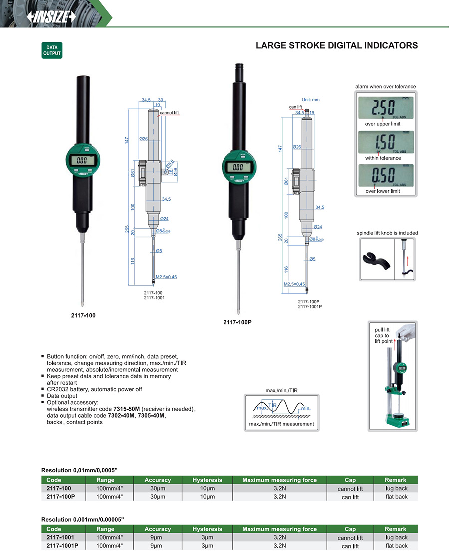 INSIZE 2117-100P Large Stroke Digital Indicator, 100mm/4in - photo 2