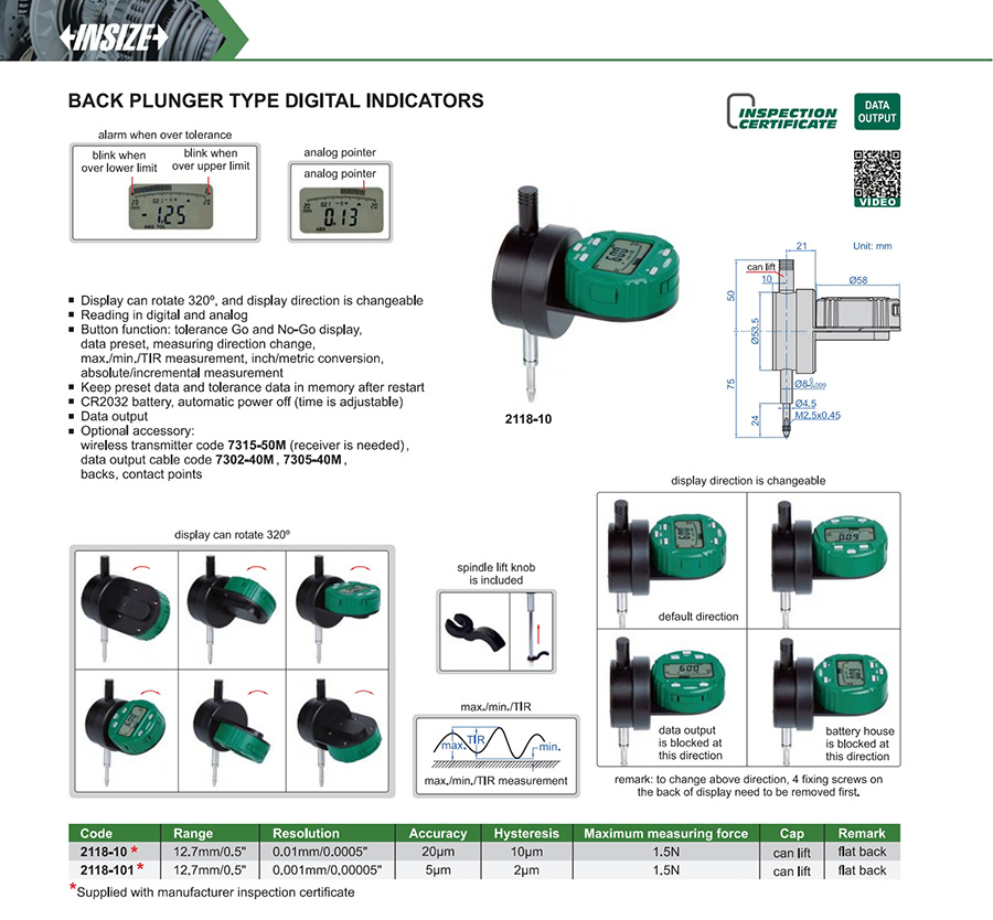 INSIZE 2118-10 Back Plunger Digital Indicator 12.7mm - photo 2