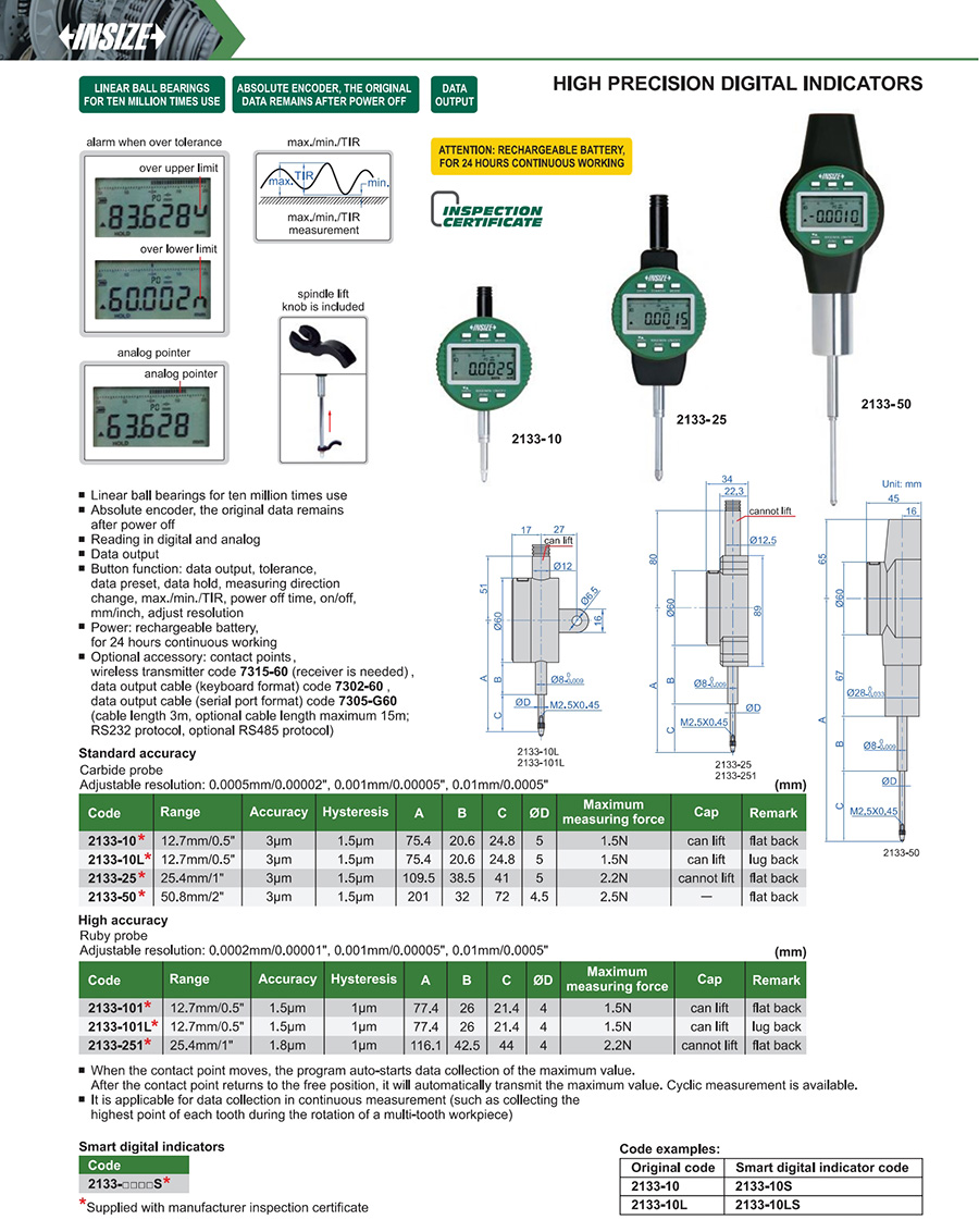 INSIZE 2133-10 High Precision Digital Indicator, 12.7mm/0.5" - photo 2