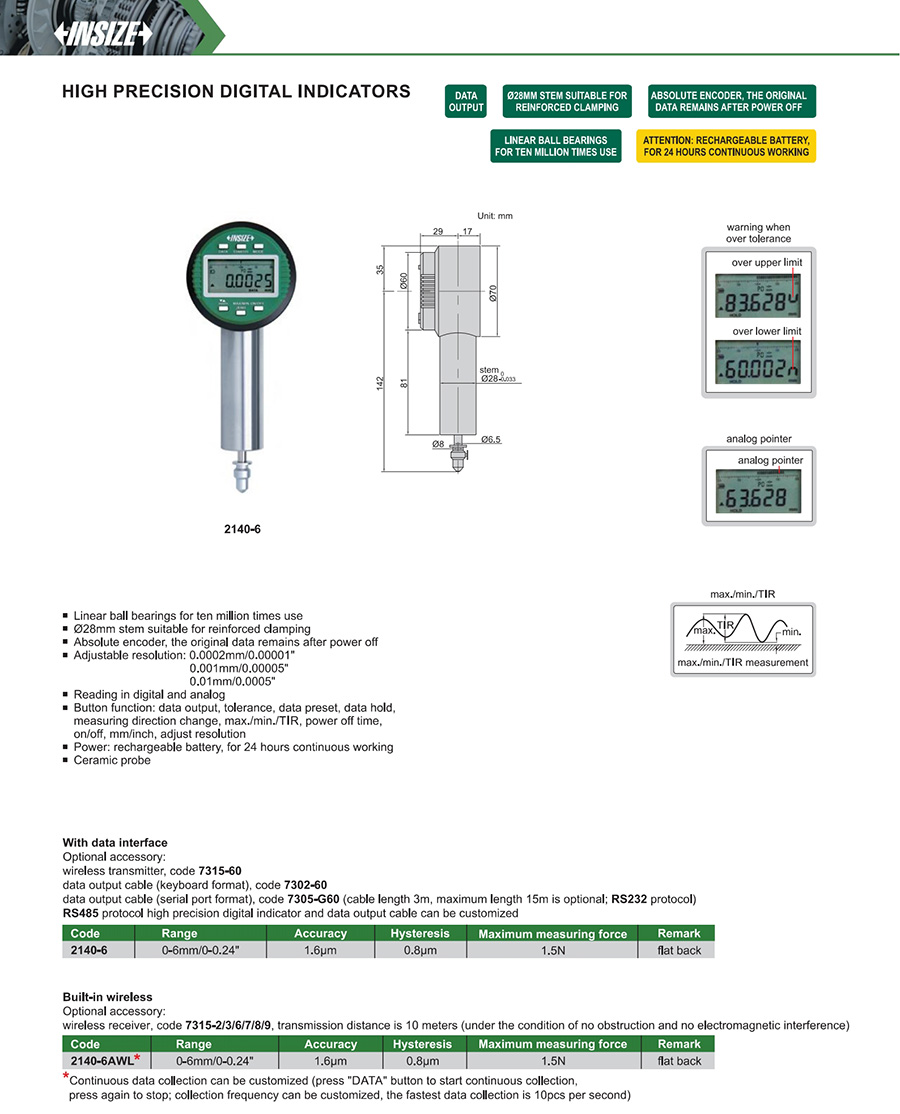 INSIZE 2140-6 High Precision Digital Indicator, 0-6mm/0-0.24" - photo 2