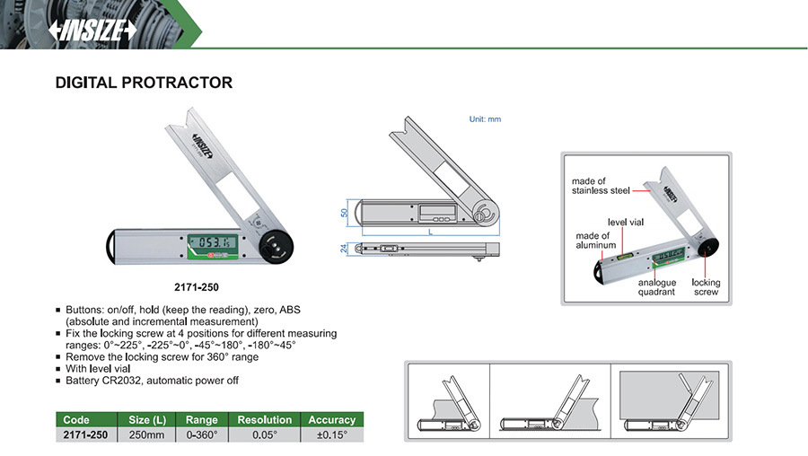 INSIZE 2171-250 Digital Protractor, 0-360°, 250mm - photo 2
