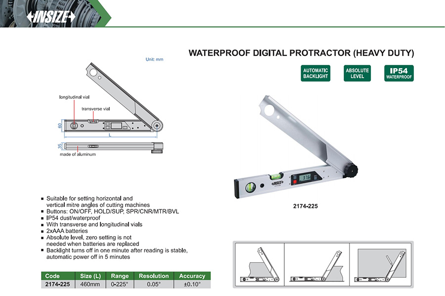 INSIZE 2174-225 Waterproof Digital Protractor (Heavy Duty), 0-225° - photo 2