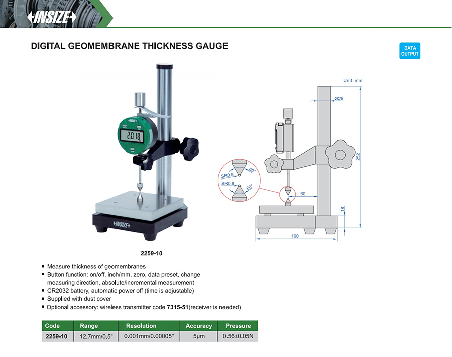 INSIZE 2259-10 Digital Geomembrane Thickness Gauge, 12.7mm/0.5" - photo 2