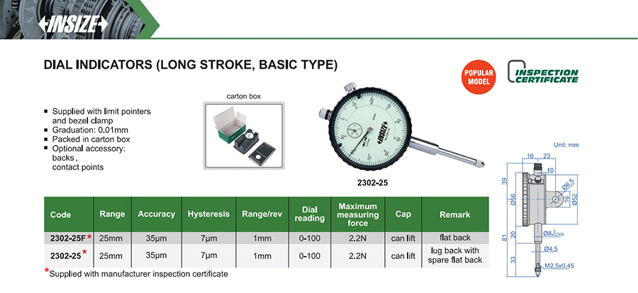INSIZE 2302-25 Dial Indicator, Long Stroke, Basic Type, 25mm - photo 2