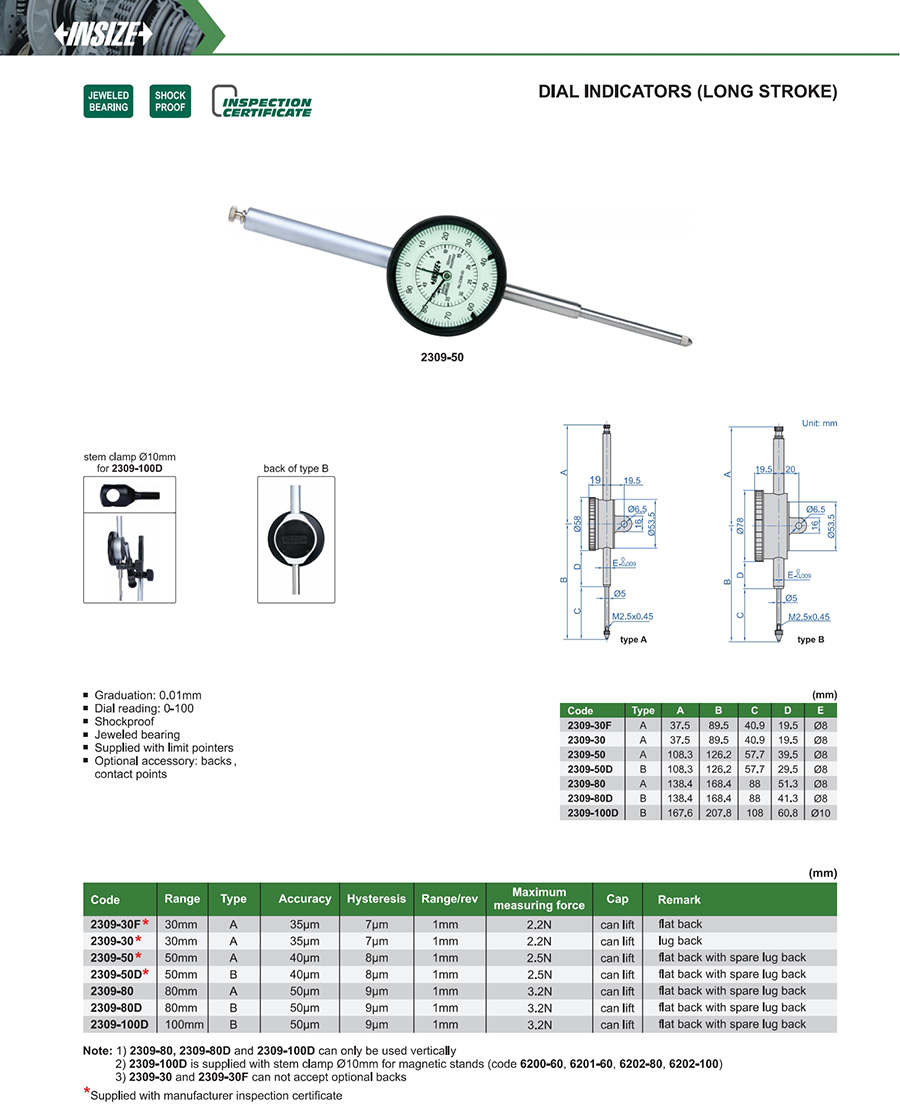 INSIZE 2309-100D Dial Indicator, Long Stroke, 100mm - photo 2
