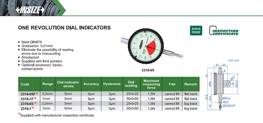 INSIZE 2316-1F One Revolution Dial Indicator, 1mm, Flat Back - photo 2