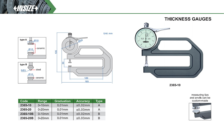 INSIZE 2365-10 Thickness Gauge, 0-10mm, Custom Tips - photo 2
