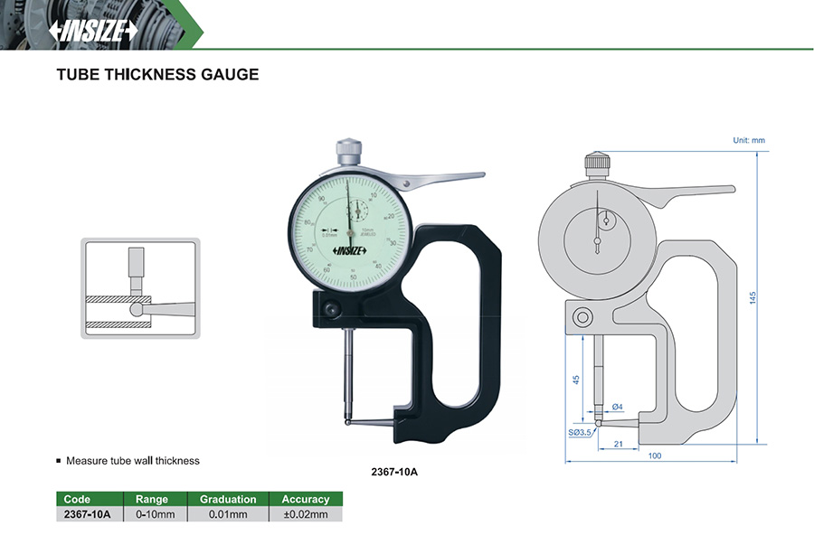 INSIZE 2367-10A Tube Thickness Gauge, 0-10mm - photo 2