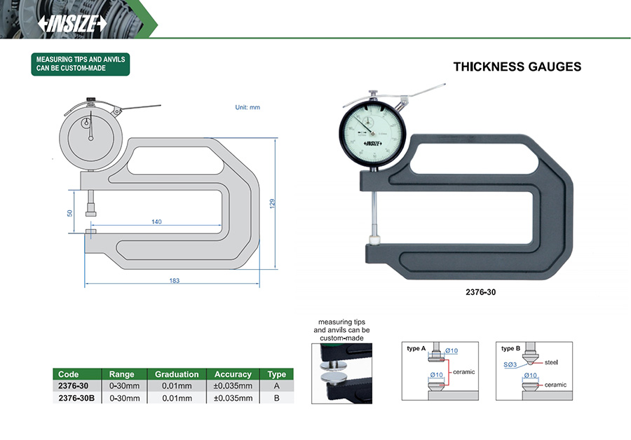 INSIZE 2376-30 Thickness Gauge, 0-30mm, Custom Tips - photo 2