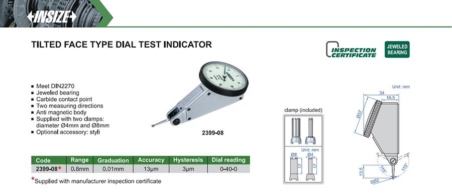 INSIZE 2399-08 Tilted Face Type Dial Test Indicator 0.8mm - photo 2