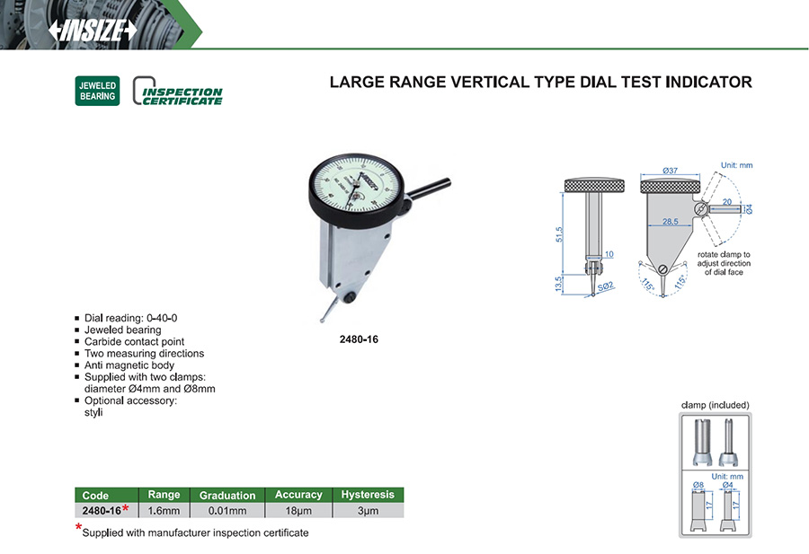 INSIZE 2480-16 Large Range Vertical Type Dial Test Indicator 1.6mm - photo 2
