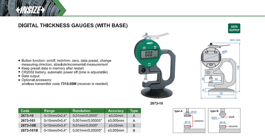 INSIZE 2673-10 Digital Thickness Gauge With Base, 0-10mm/0-0.4" - photo 2