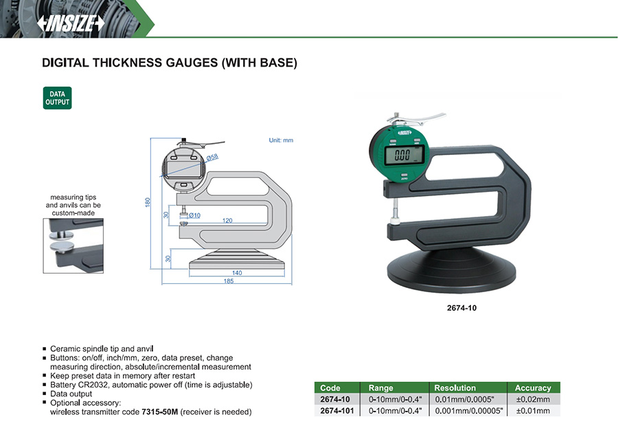INSIZE 2674-101 Digital Thickness Gauge With Base 0-10mm - photo 2