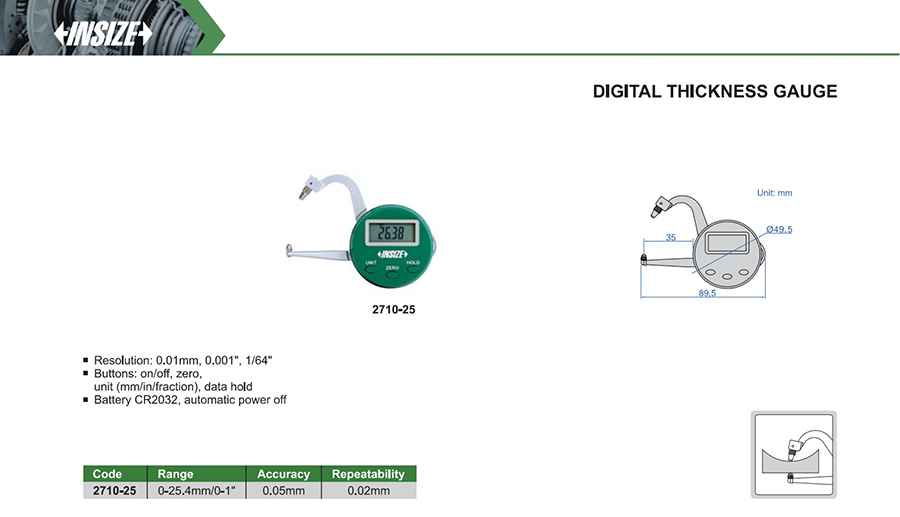 INSIZE 2710-25 Digital Thickness Gauge, 0-25.4mm/0-1" - photo 2
