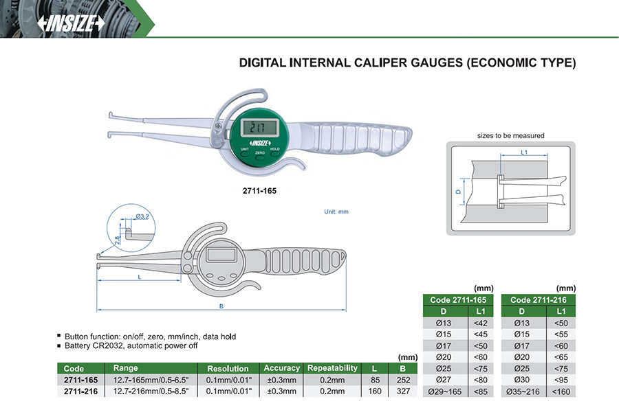 INSIZE 2711-165 Digital Internal Caliper Gauge (Economic Type) 12.7-165mm - photo 2