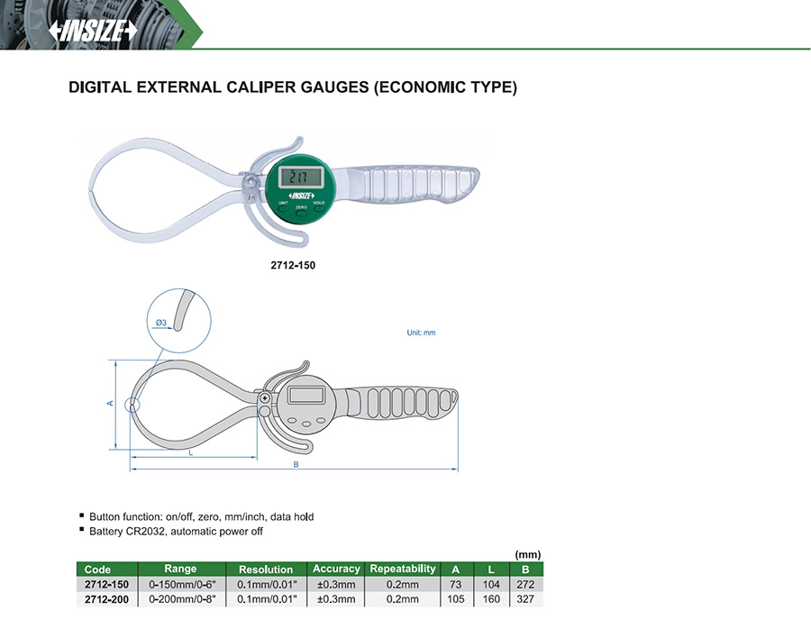 INSIZE 2712-200 Digital External Caliper Gauge (Economic Type) 0-200mm - photo 2