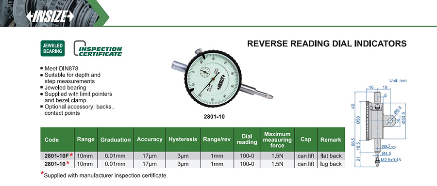 INSIZE 2801-10 Reverse Reading Dial Indicator, 10mm - photo 2