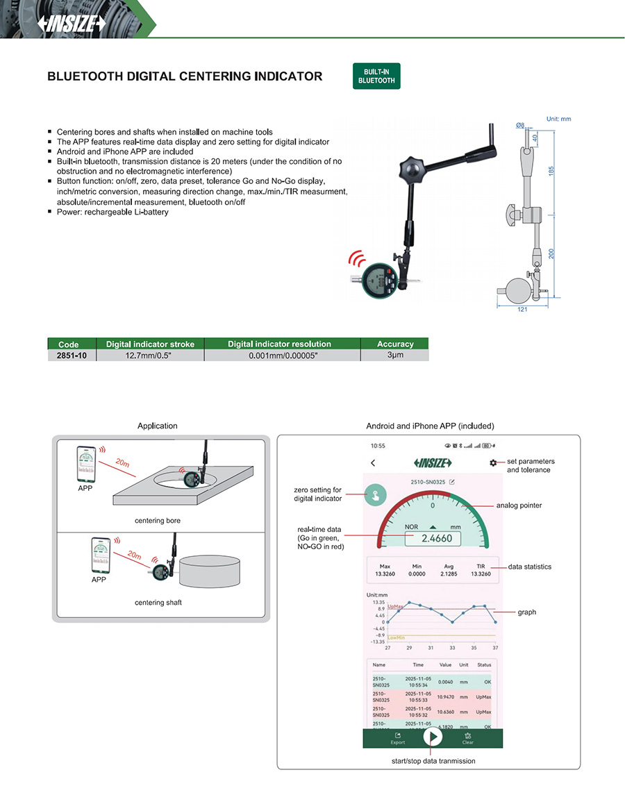 INSIZE 2851-10 Bluetooth Digital Centering Indicator - photo 2