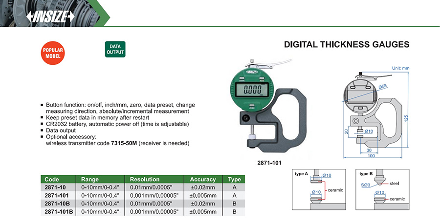 INSIZE 2871-101 Digital Thickness Gauge, 0-10mm/0-0.4", High Resolution - photo 2