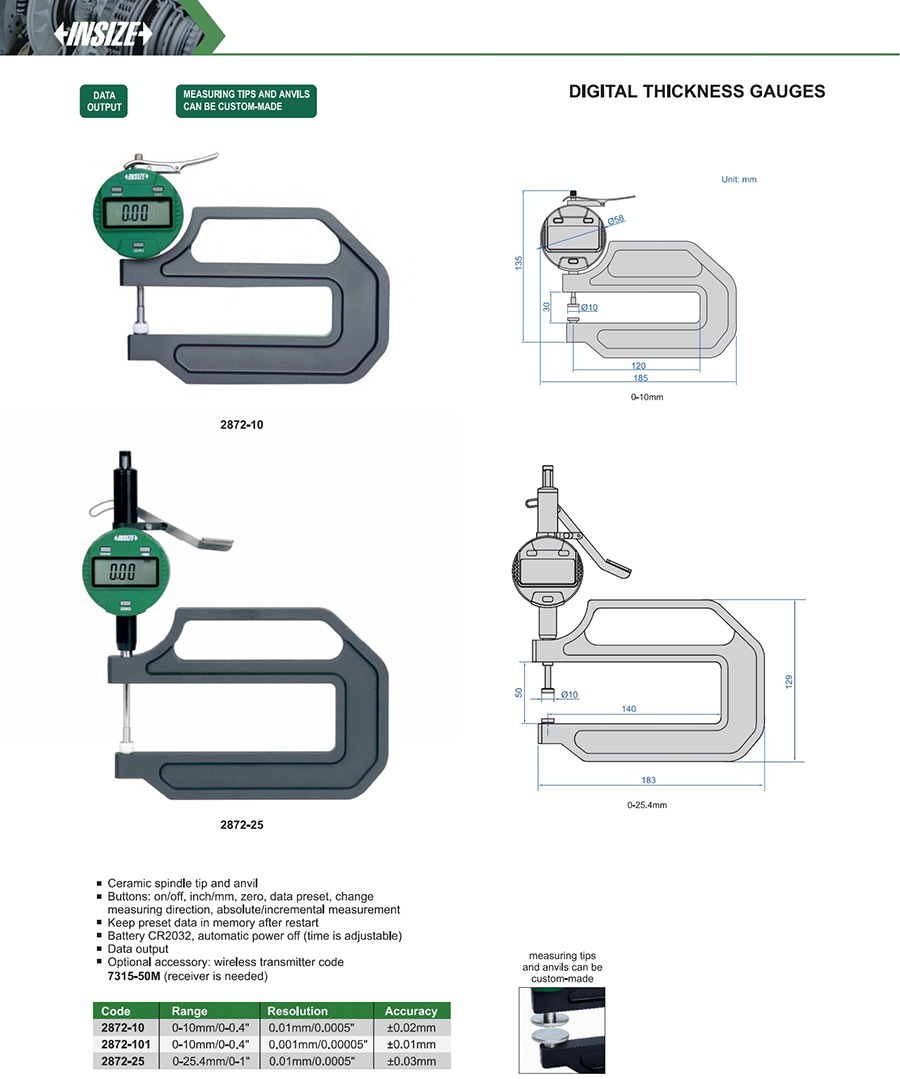 INSIZE 2872-101 Digital Thickness Gauge 0-10 mm - photo 2