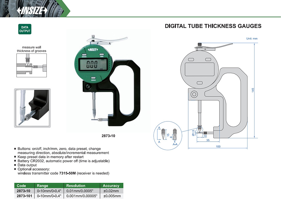 INSIZE 2873-10 Digital Tube Thickness Gauge, 0-10mm/0-0.4" - photo 2