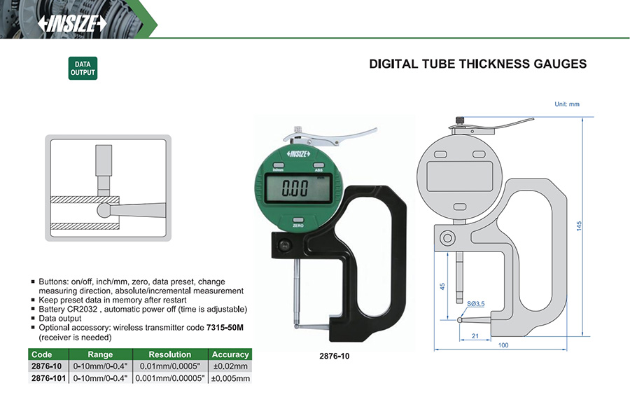 INSIZE 2876-10 Digital Tube Thickness Gauge, 0-10mm/0-0.4" - photo 2