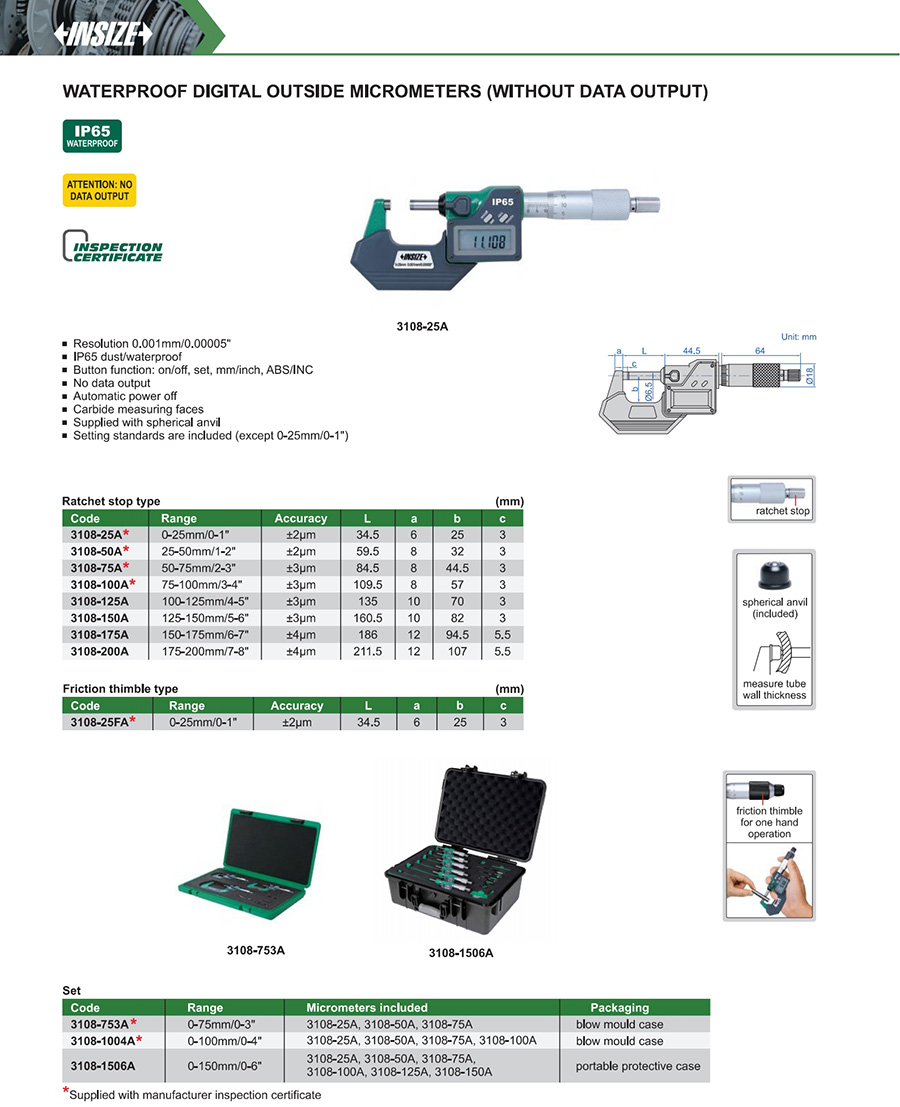 INSIZE 3108-125A Waterproof Digital Outside Micrometer 100-125mm - photo 2