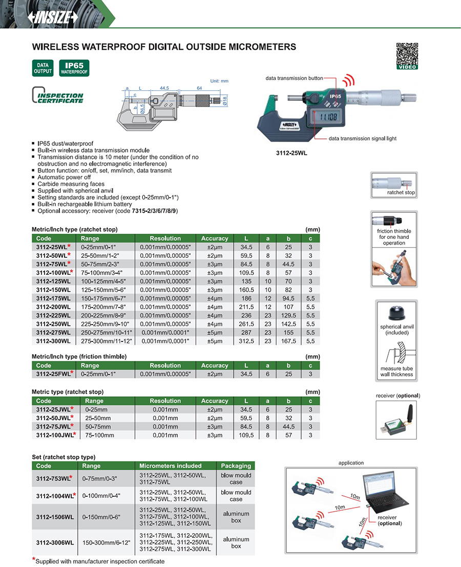 INSIZE 3112-75WL Waterproof Digital Outside Micrometer 50-75mm/2-3" - photo 2