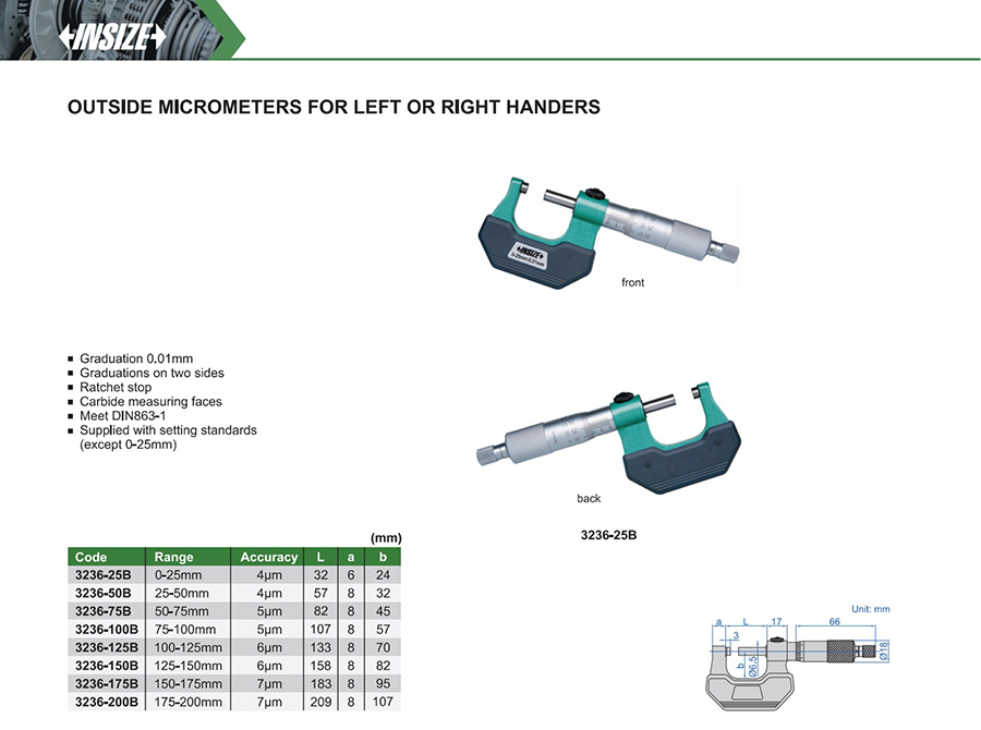 INSIZE 3236-25B Outside Micrometer for Left or Right Handers 0-25mm - photo 2