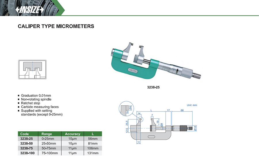 INSIZE 3238-25 Caliper Type Micrometer 0-25 mm - photo 2