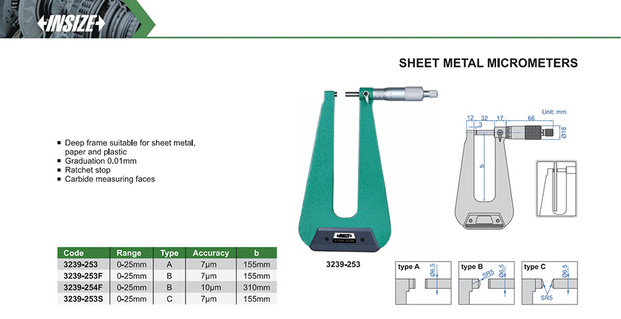 INSIZE 3239-253S Sheet Metal Micrometer 0-25 mm - photo 2