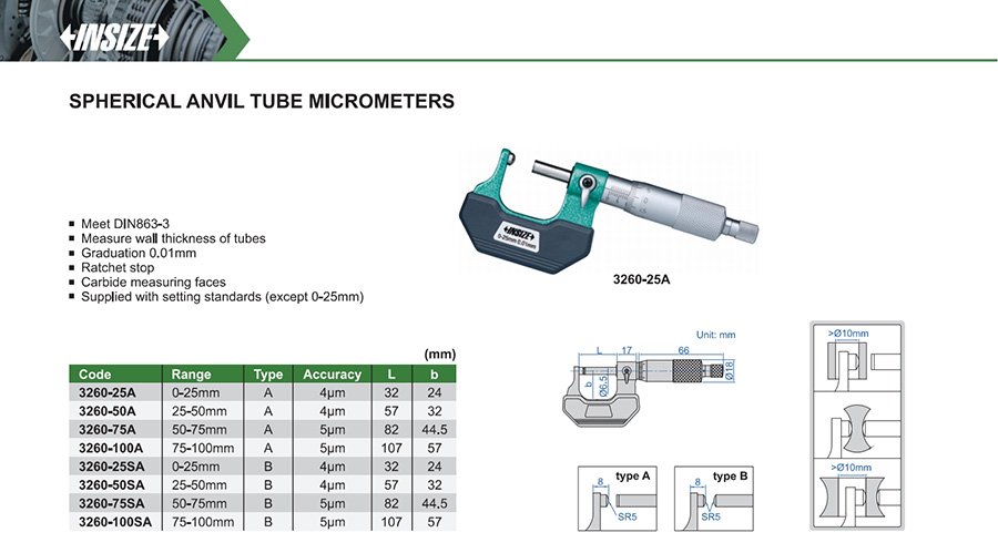 INSIZE 3260-25SA Spherical Anvil Tube Micrometer 0-25 mm - photo 2