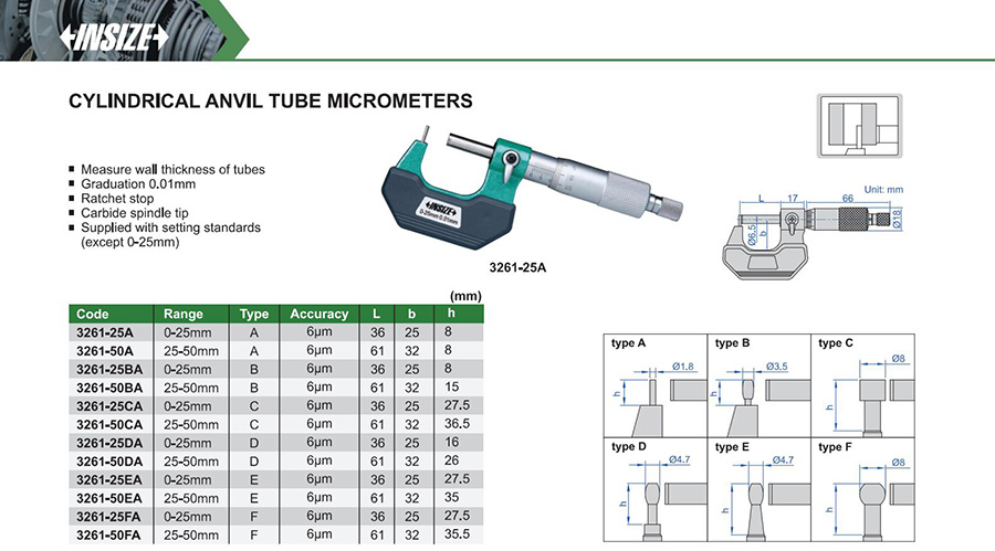 INSIZE 3261-25BA Cylindrical Anvil Tube Micrometer 0-25 mm - photo 2
