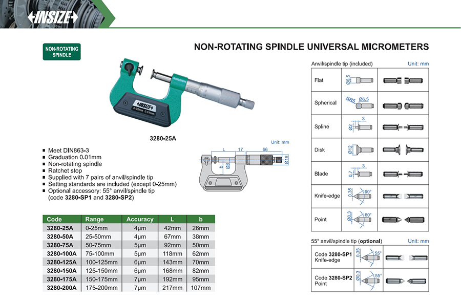 INSIZE 3280-75A Non-Rotating Spindle Universal Micrometer 50-75 mm - photo 2