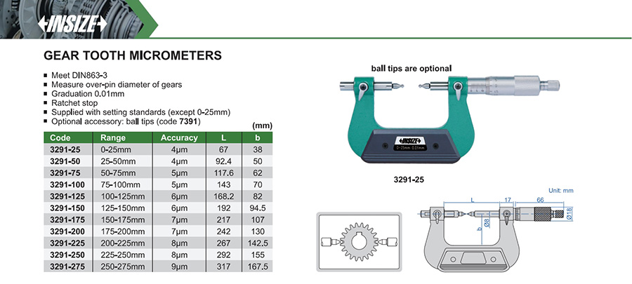 INSIZE 3291-25 Gear Tooth Micrometer 0-25 mm - photo 2