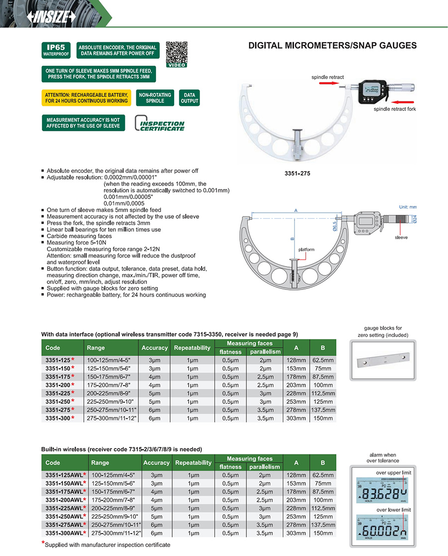INSIZE 3351-200 Digital Micrometer/Snap Gauge 175-200mm/7-8" - photo 2